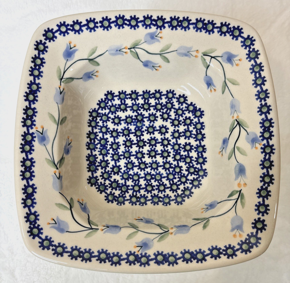 Vintage Boleslawiec Polish Pottery Manufaktura Blue Floral Bowl, 8” X 8” Serving
