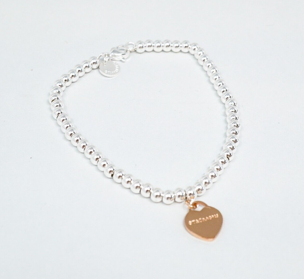 Tiffany & Co. 925 Silver Beaded Rose Heart Charm Bracelet 18cm With Gift Box Set