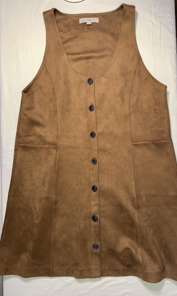LOFT Brown Faux Suede Sleeveless Button-Up Jumper Mini-Dress Size M (fits L)