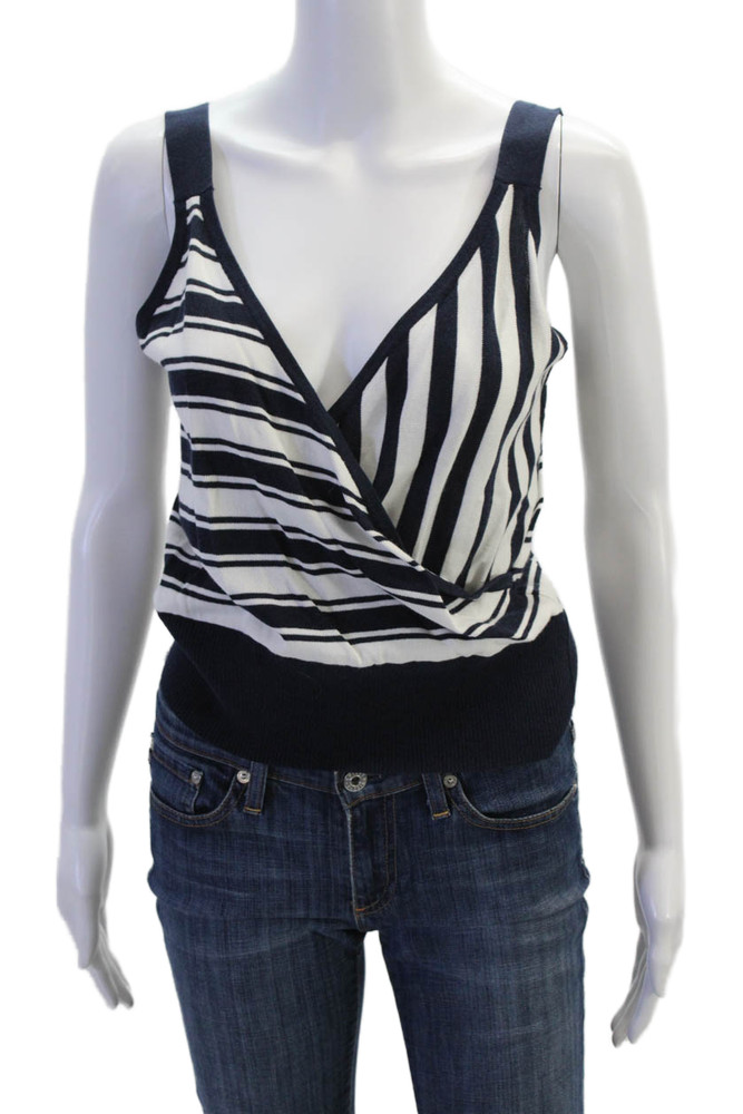 J Crew Womens Sleeveless V Neck Knit Striped Top White Navy Blue Size SmallFree Shipping in US $100+ Orders | $6.95 Orders Below