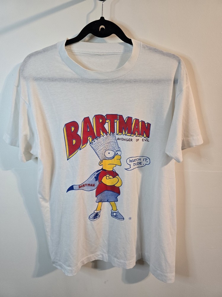 Vintage Bart Simpson T-Shirt L Cartoon 1989 Bartman Avenger Of Evil Watch It