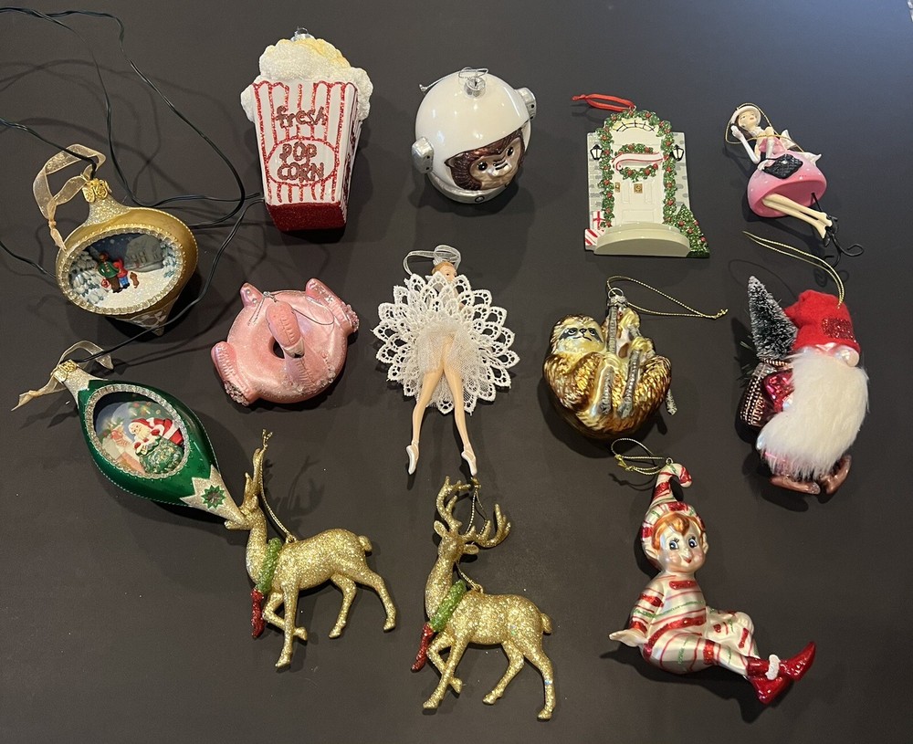 Lot Of 13 Christmas Ornaments Hallmark Sloth Flamingo Glitter Elf Gnome