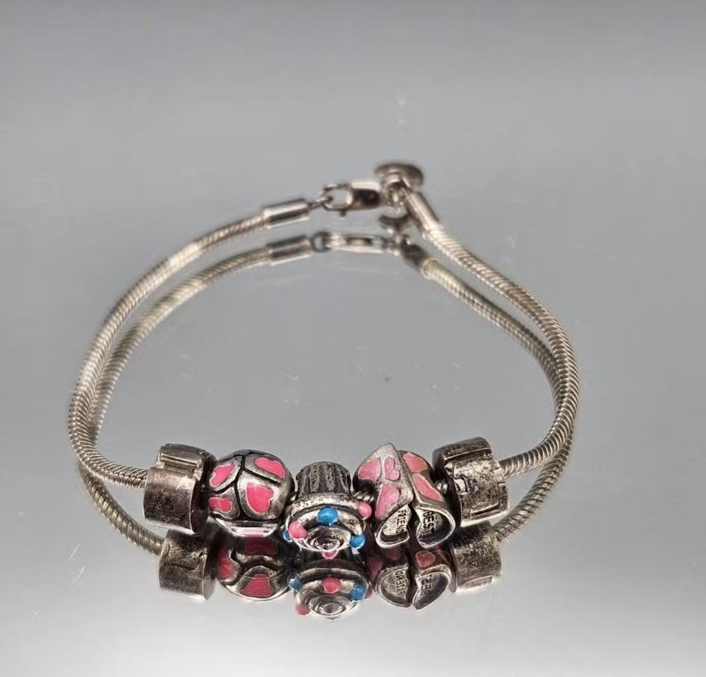 Authentic Pandora Sterling Silver w/6pcs 925 Charms Bracelet Vintage