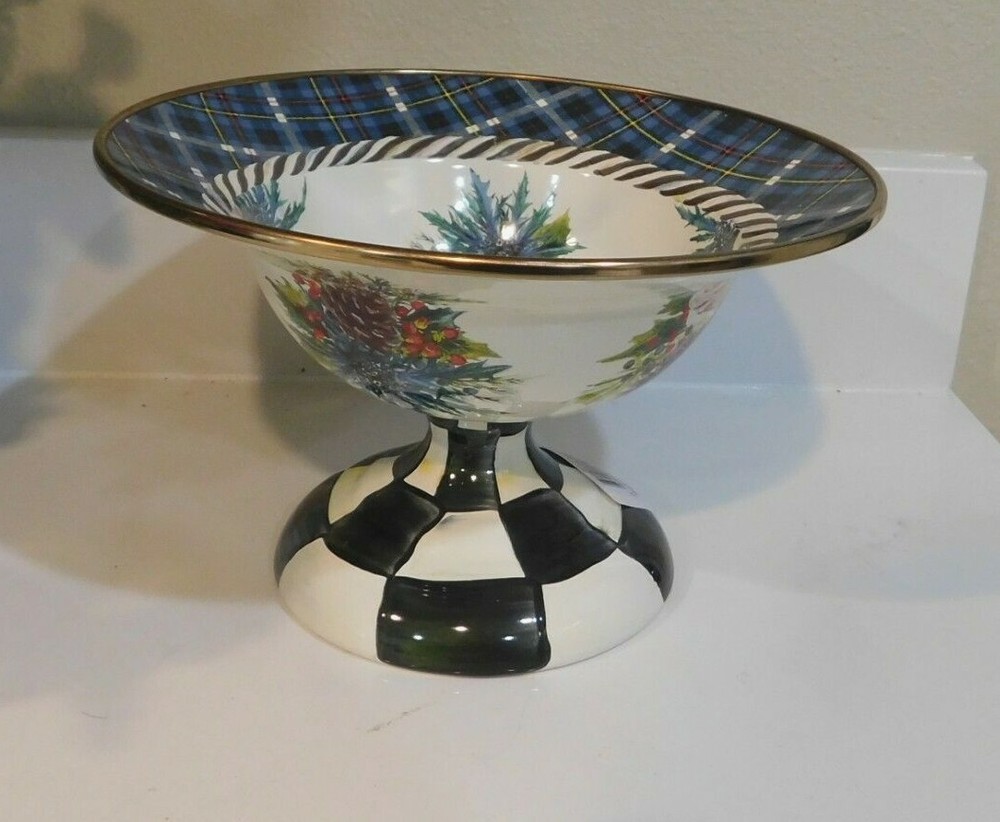 Mackenzie-Child's Highbanks Small Enamel Compote,Courtly Check Base ,New