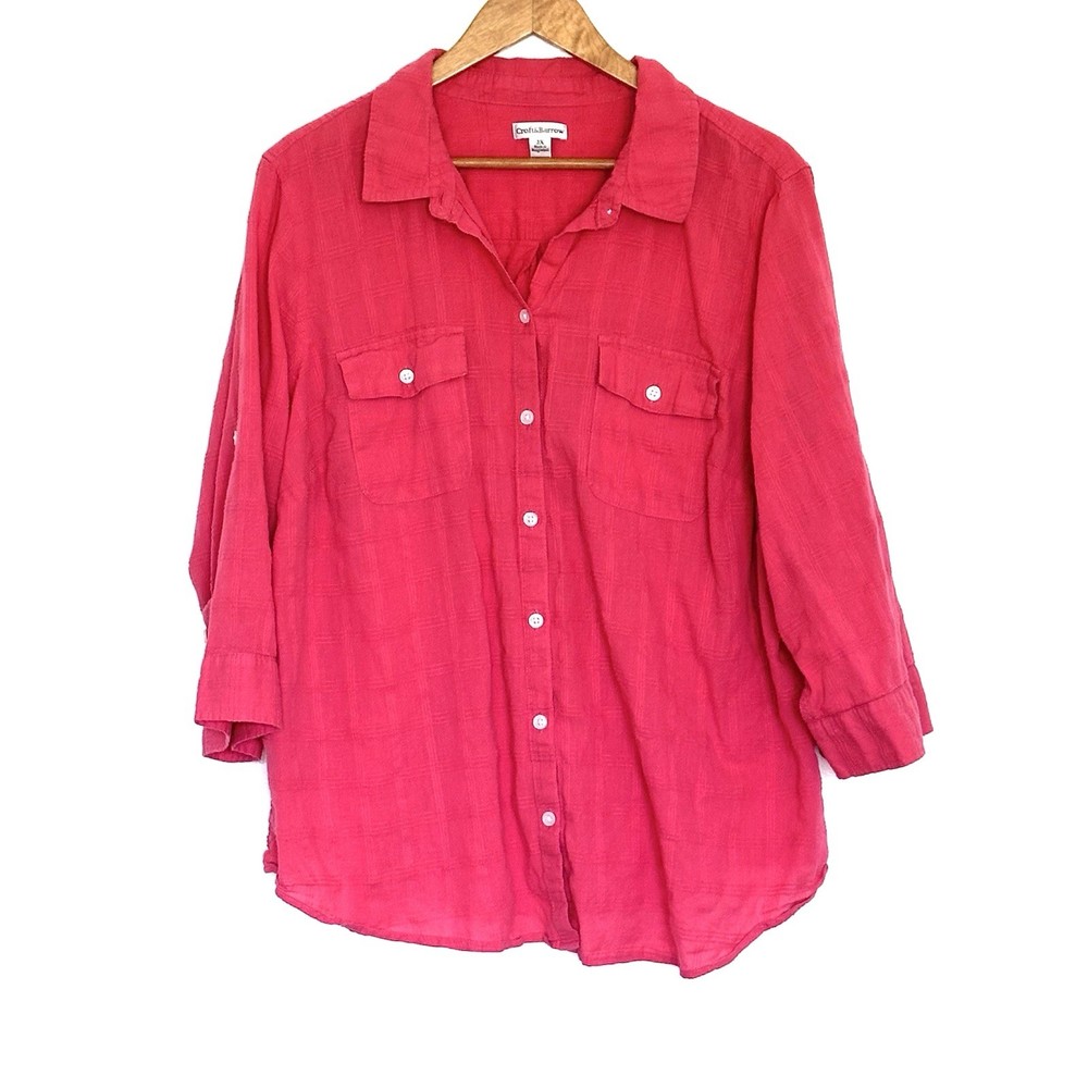 Croft & Barrow Plus Shirt Women’s 2X Pink Sheer Button Up 3/4 Roll Tab Sleeve