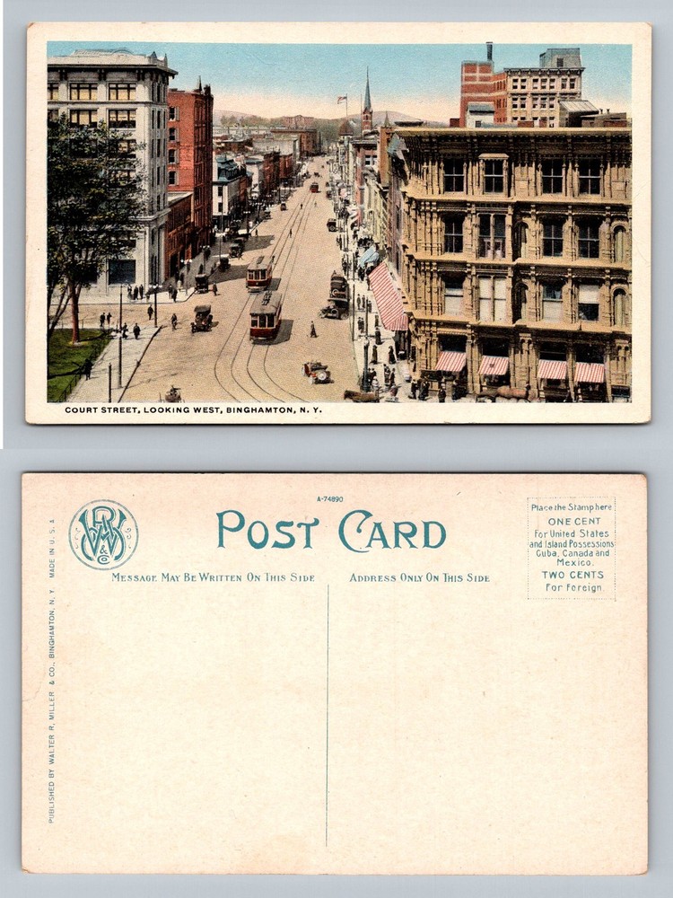 Binghamton, NY-New York, Court Street Looking West Trolleys Vintage Postcard