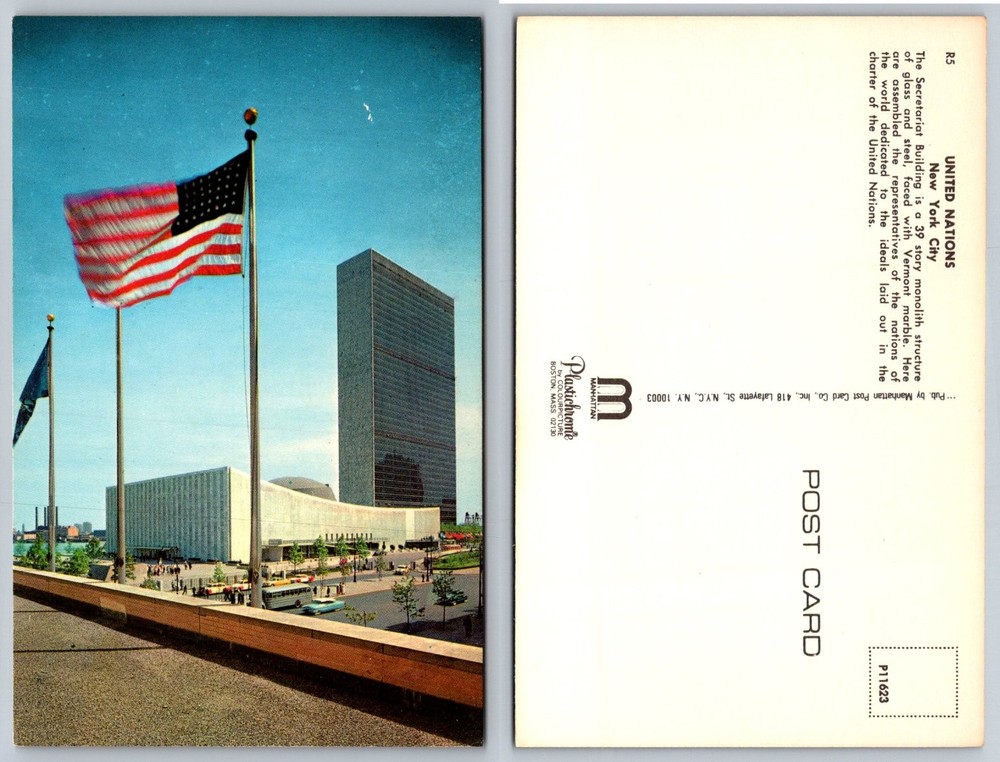 United Nations NYC Secretariat Building Flag Plastichrome Postcard