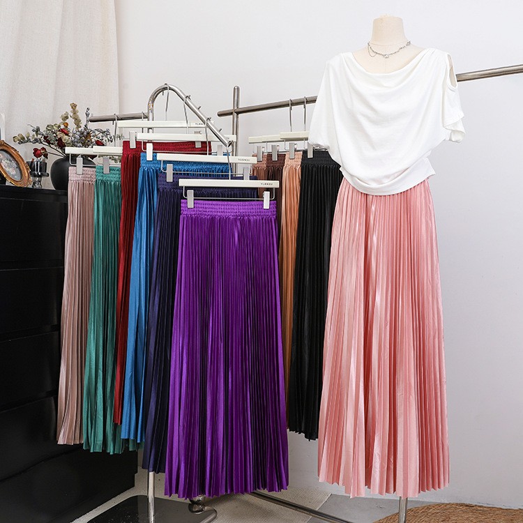 Spring Summer High Waist Women's Long Pleated Skirts Big Swing Fashion Ladies Sz