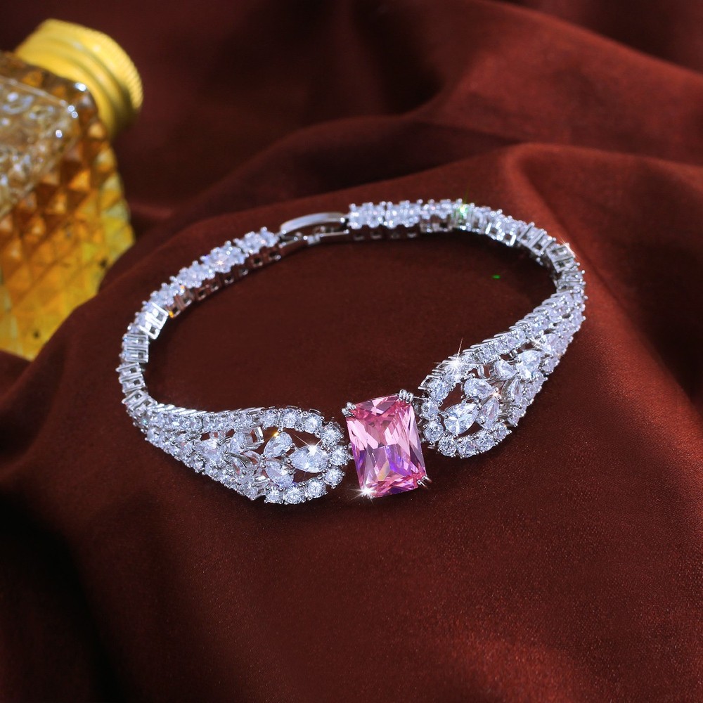 Silver Plated Pink Baguette Cubic Zirconia Wide Bracelet Bangle for Women Bridal