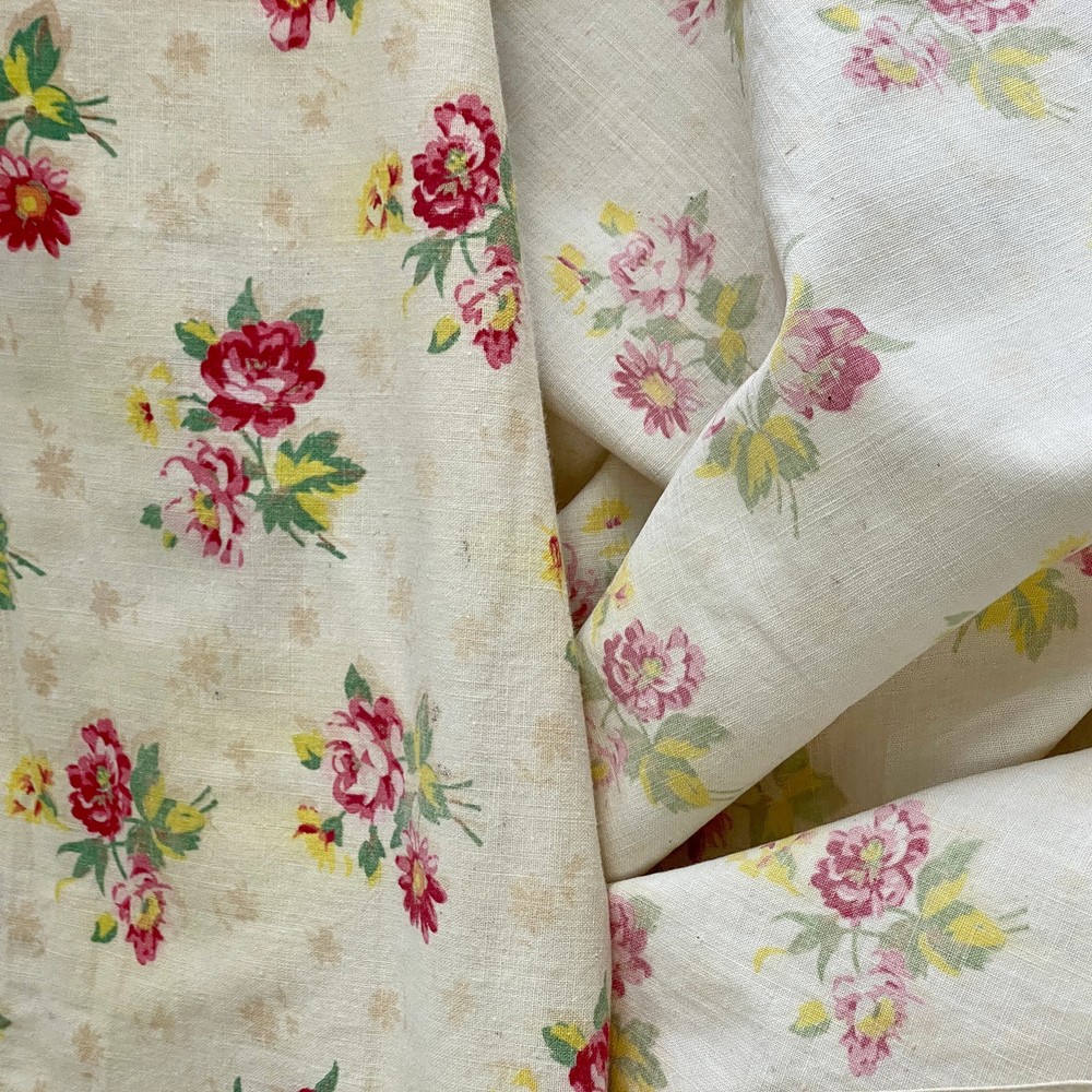 Cottage core Antique French fabric faded floral 1930's vintage material The Tex