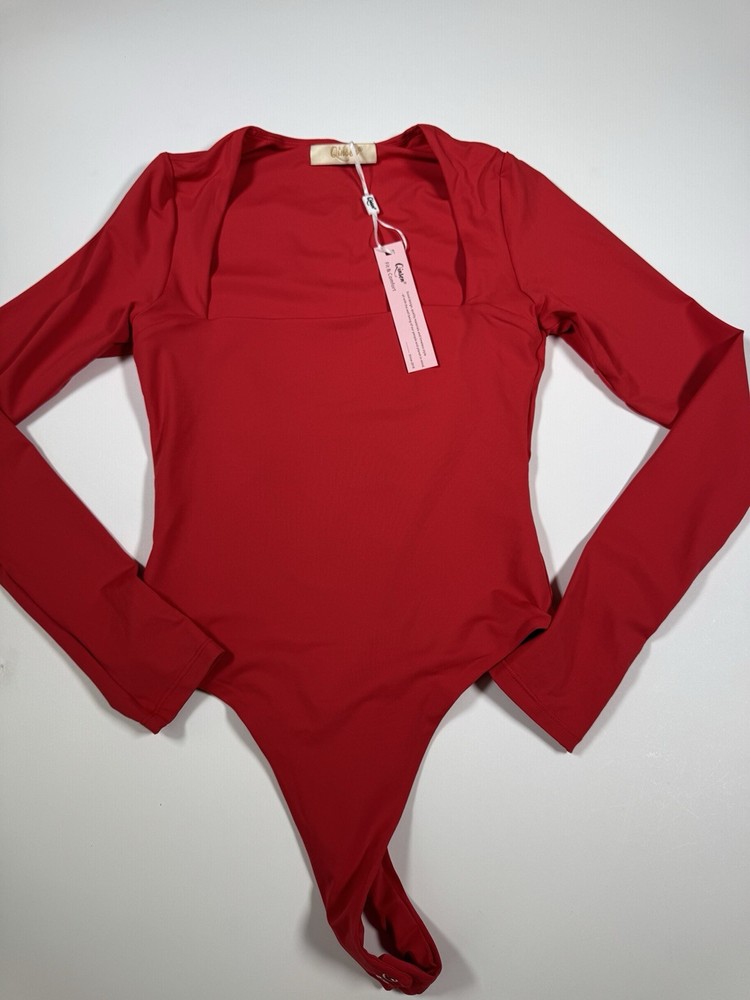 QINSEN Women's Sexy Square Neck Bodysuit Long Sleeve Double Lined Bodysuit SZ S