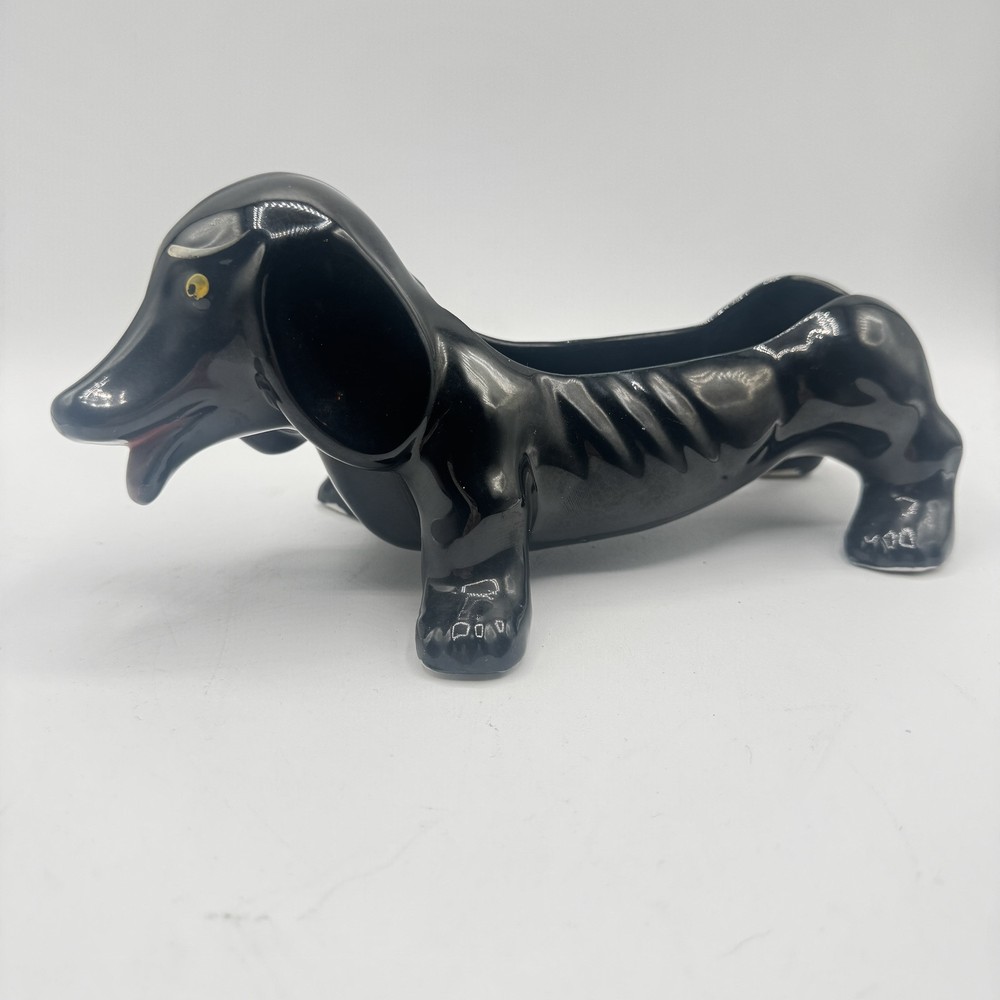 Vintage MCM Black Ceramic Dachshund Weiner Dog Planter Japan Hand Painted