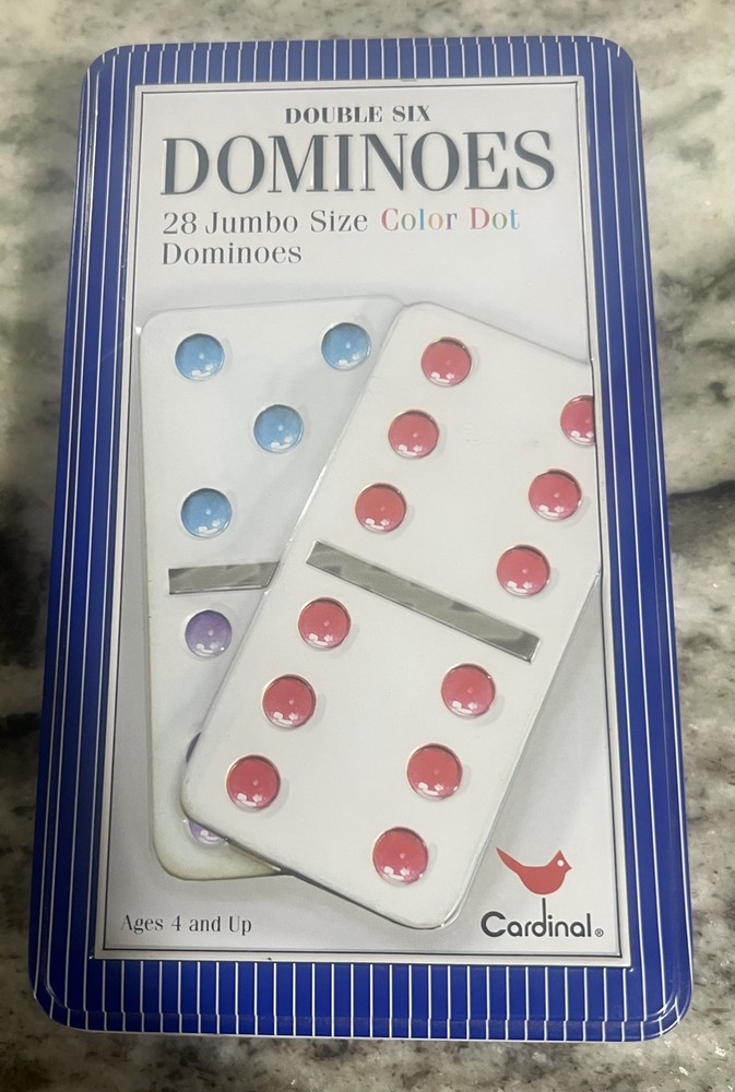 Cardinal Industries Double 6 Dominoes #510C Color Jumbo Size In Tin New Open Box