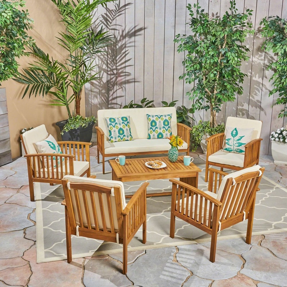 Acacia Wood 6-Seater Outdoor Conversation Set with Coffee Table and Open Slat Design