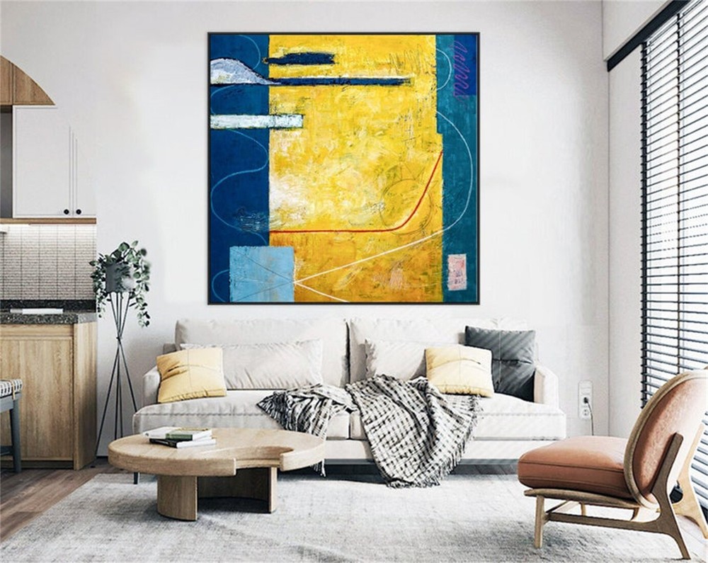 Expressionism Yellow And Blue Modern Painting Wall Art On Canvas Summer Time