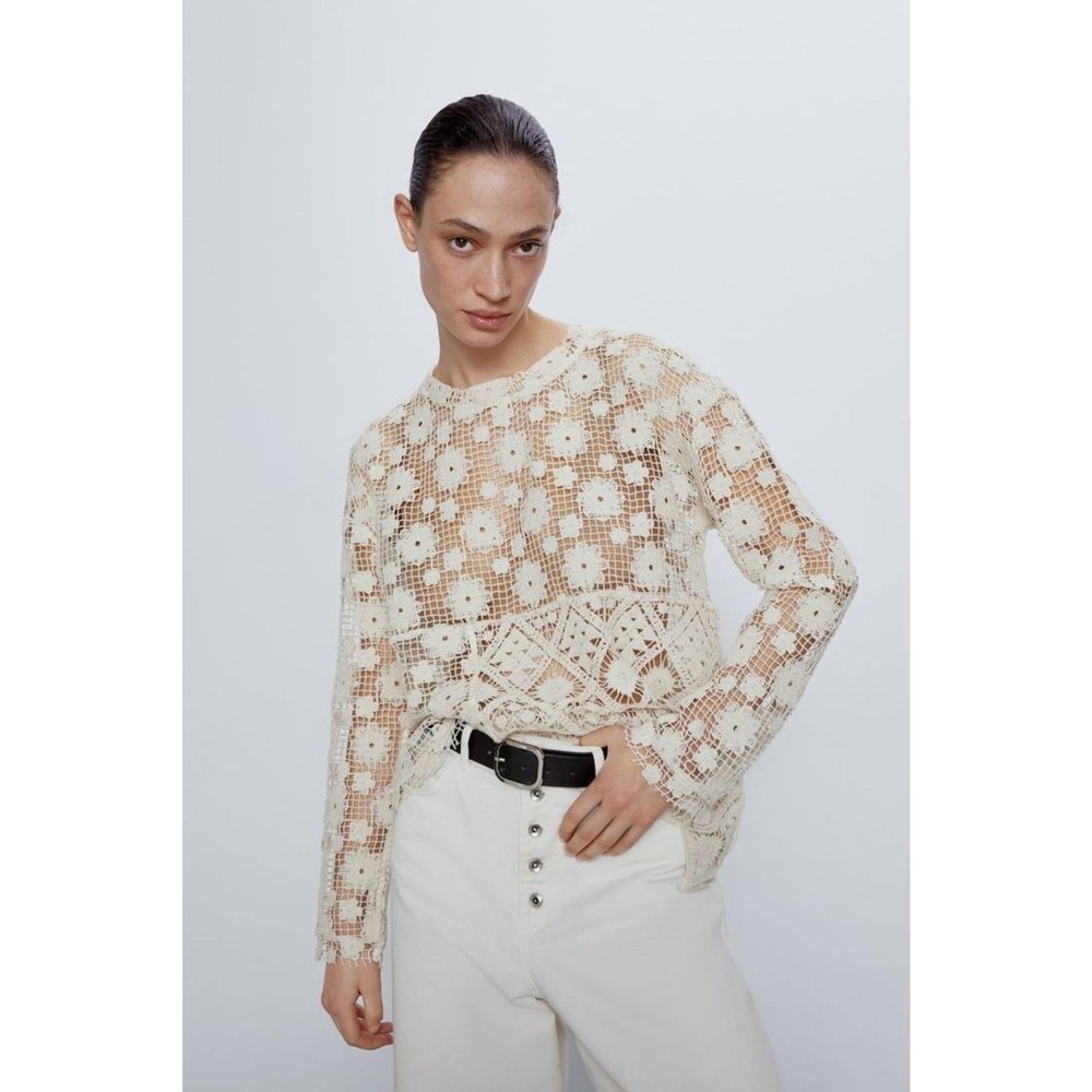 Zara Cream Crochet Floral Top