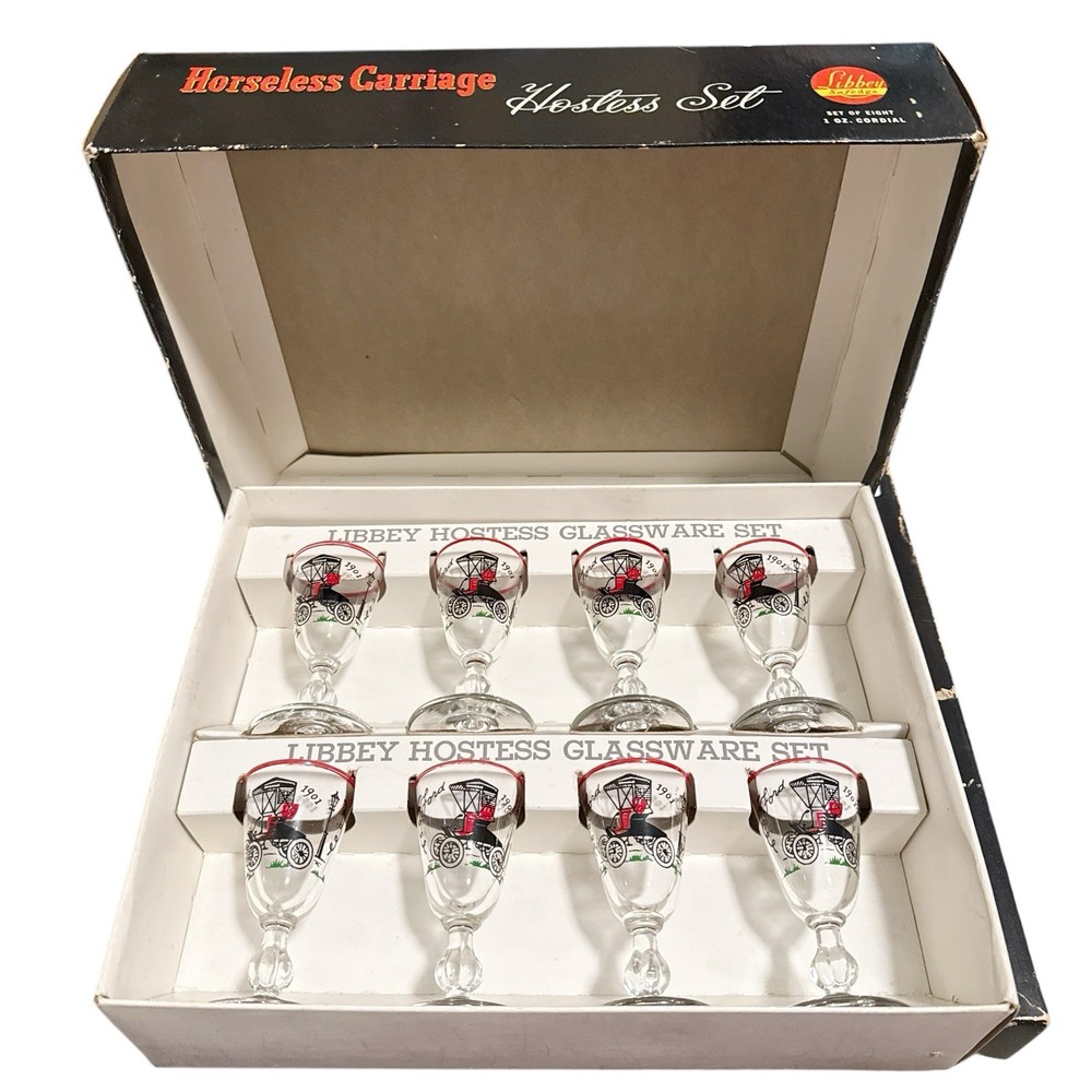 Vintage Libbey Horseless Carriage Cordial Glass Set of 8 with Box 3.25 Inch Stemware
