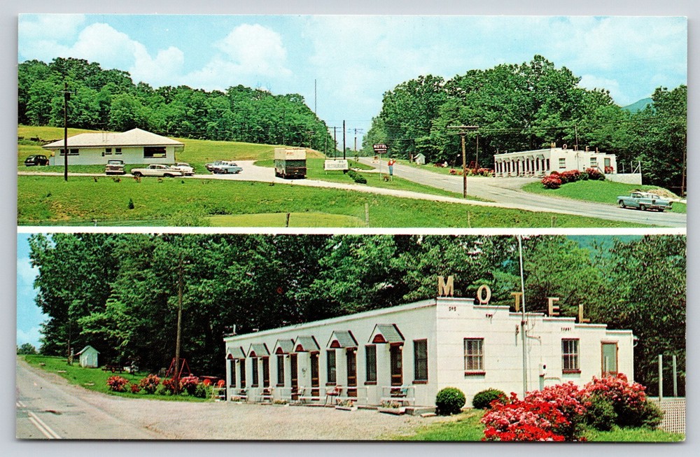 Roadside~Seneca West Virginia~Hedricks 4-U Restaurant~Motel~Sign~1950s Postcard