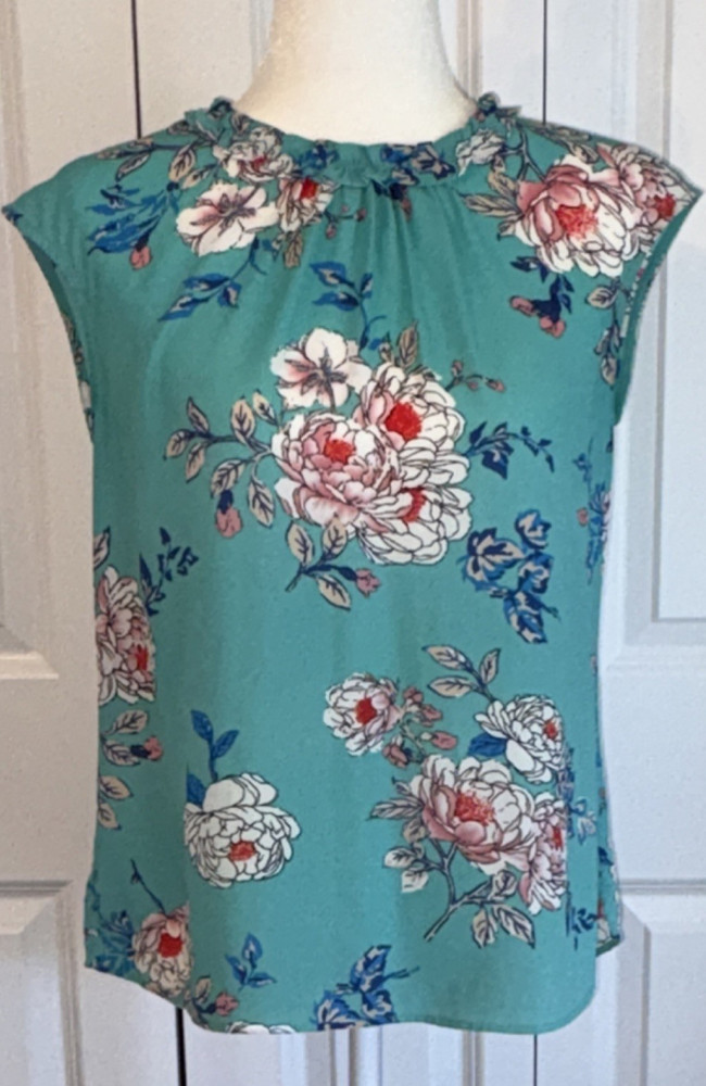 Daniel Rainn Teal Floral Chiffon Polyester Keyhole Ruffle Blouse S Sleeveless