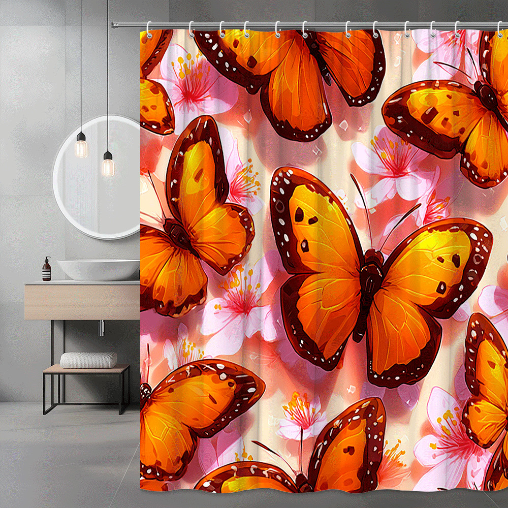 Butterfly Floral Shower Curtain Orange Pink Print