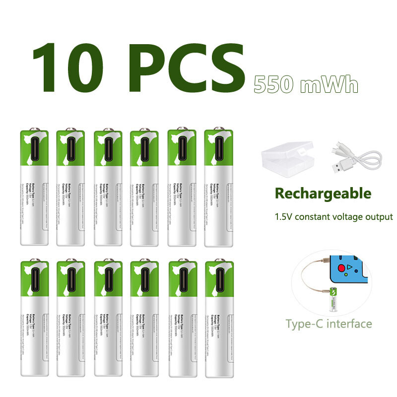 10PCS USB AAA Li-ion 1.5V Rechargeable Batteries with Type-C Fast Charge Cable 750mWh