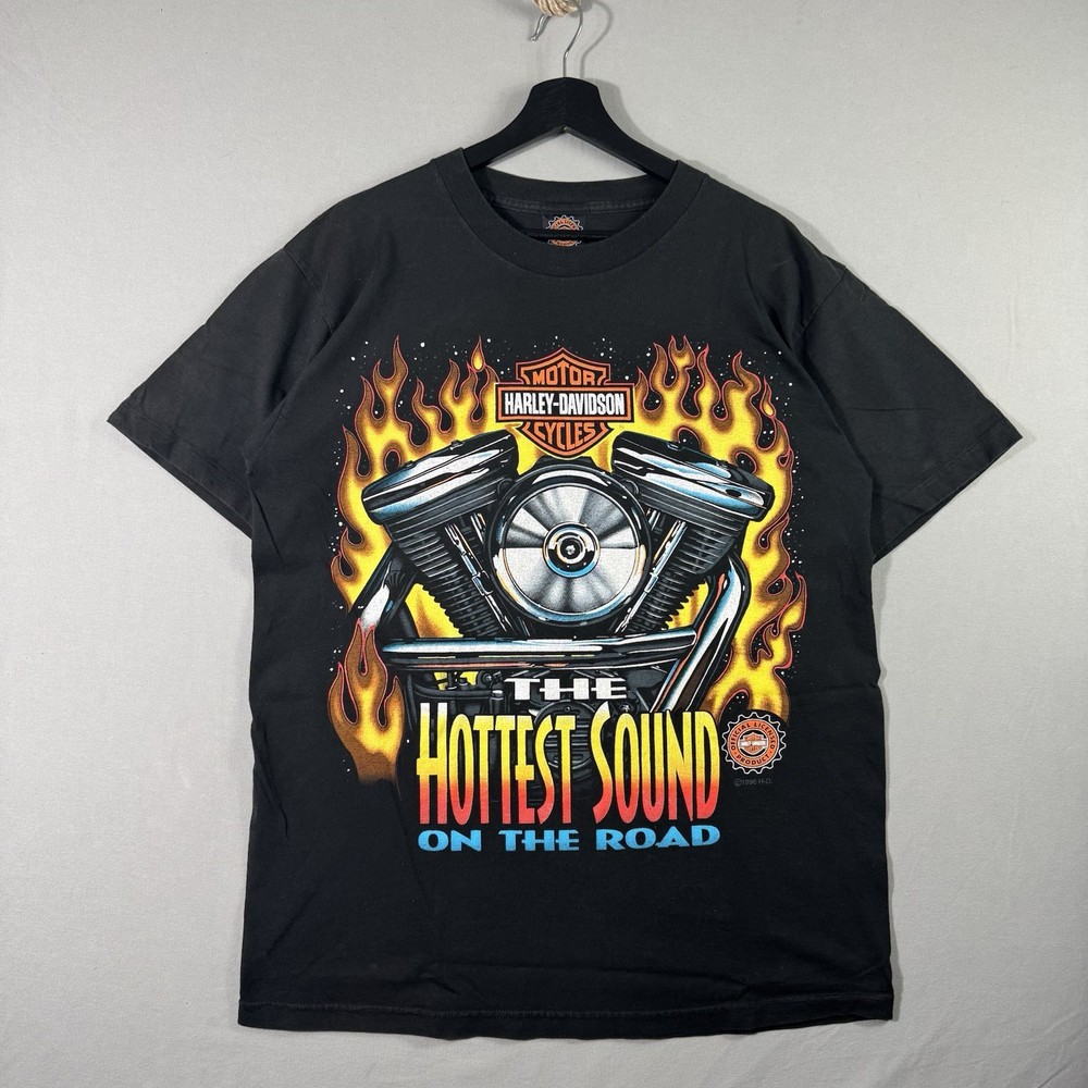 Vintage 90s Harley Davidson Hottest Sound On The Road Flames Motor Shirt LARGE