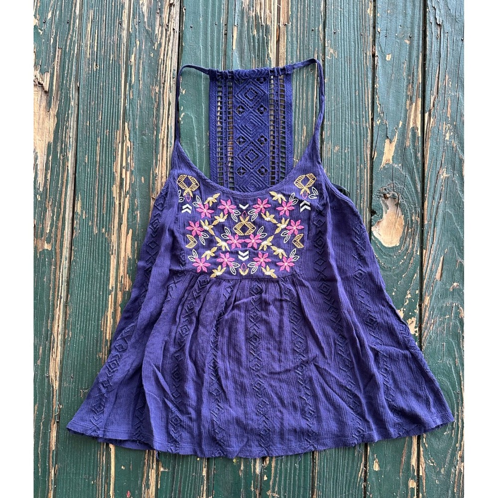 Blue Rain Purple Boho Embroidered Crochet Lace Racerback Tank Top Small