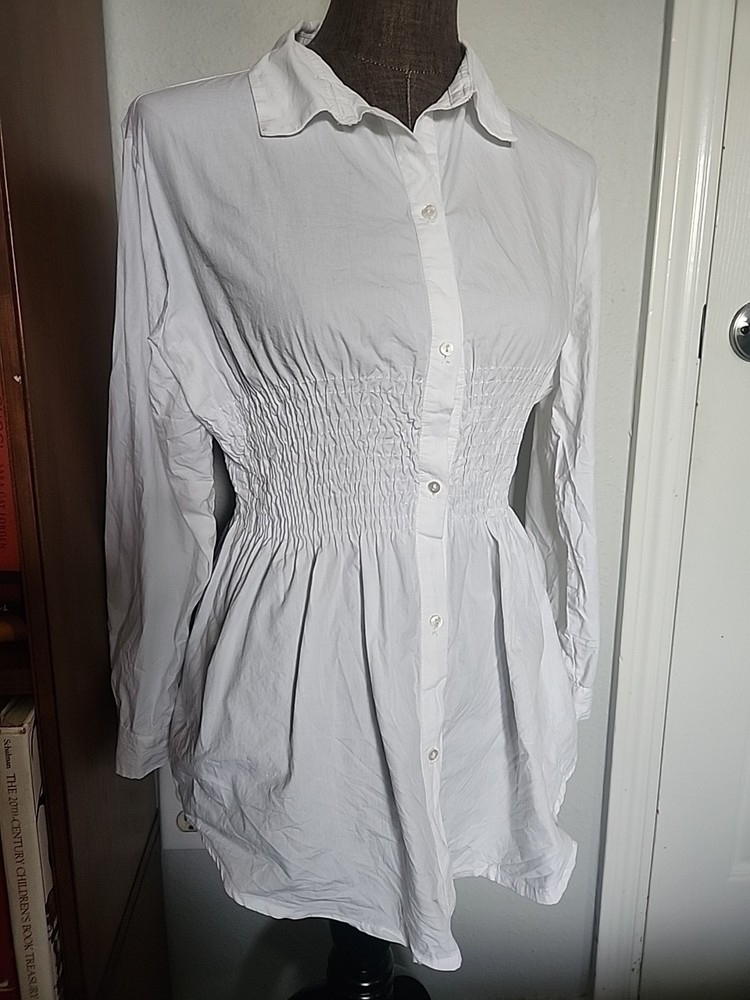 Zara White Cotton Poplin Collar  Buttons Gathered  Long Sleeve Blouse S Women's