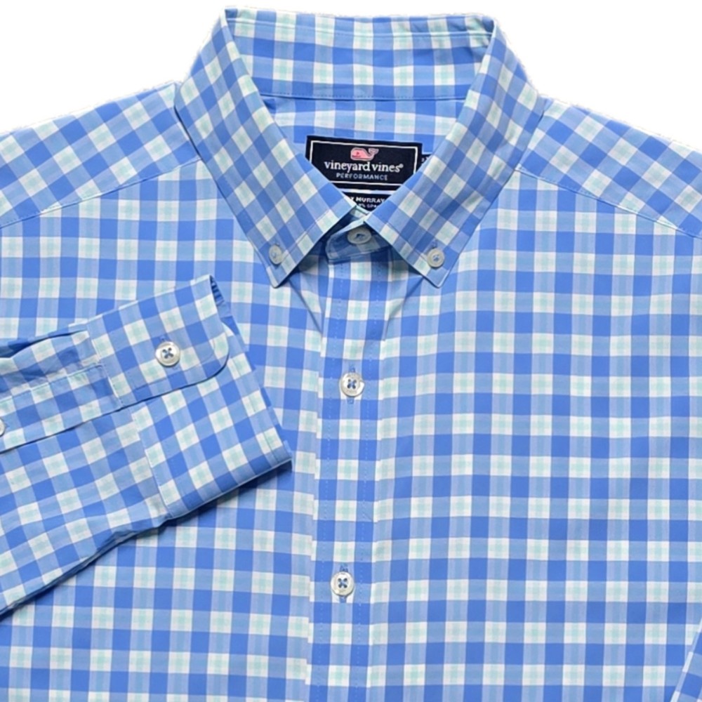 Vineyard Vines Performance Nylon Shirt Mens S Blue Gingham Check Button Down