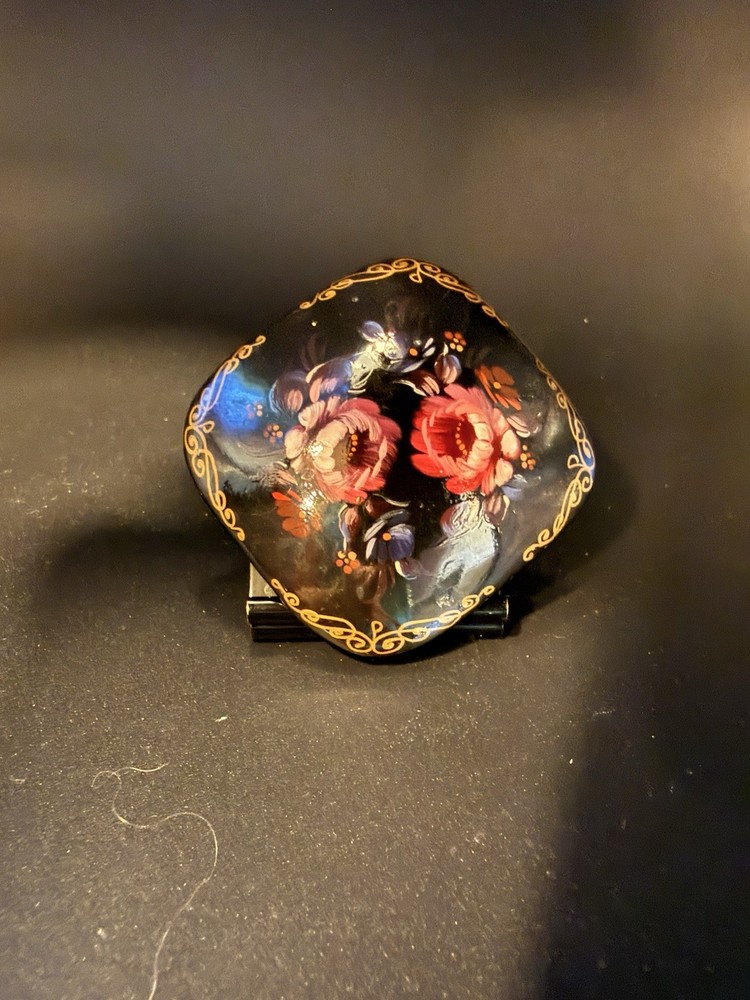 Vintage Signed Russian Hand Painted Lacquer Floral Brooch