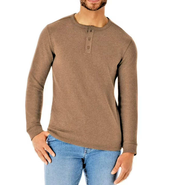 Shirt Brown Thermal Henley Long Sleeve Stretch Men's XL By Member's Mark