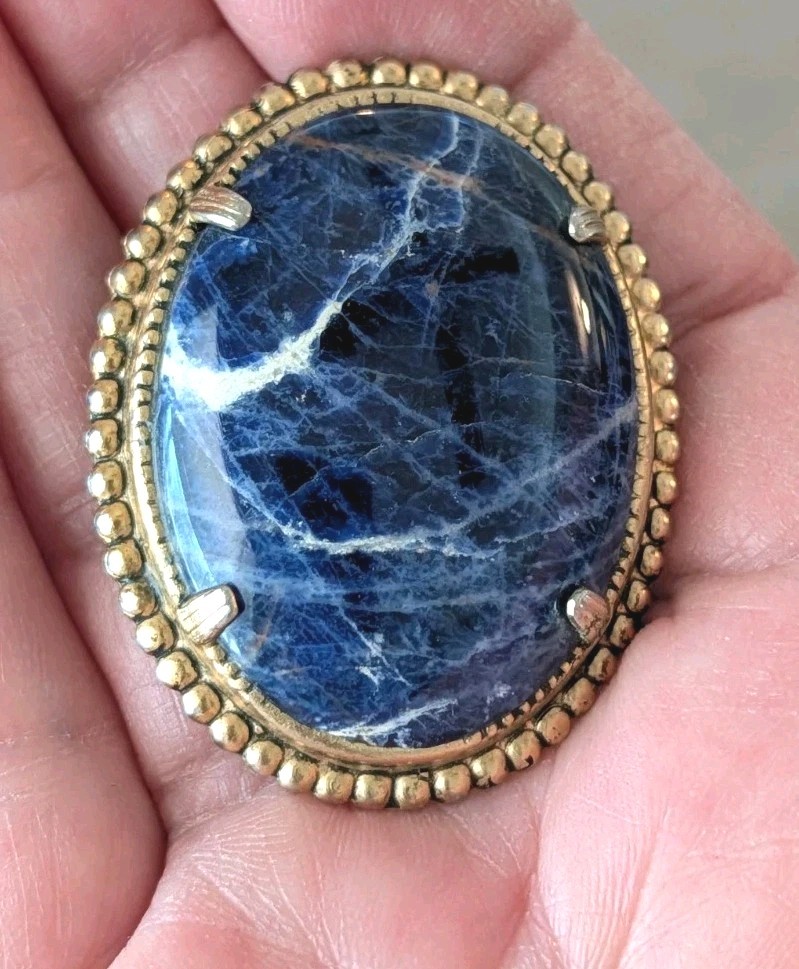 Vintage Large Sodalite Gold Tone Oval Pendant Brooch Pin