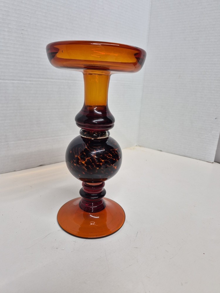 Vintage Candle Holder Handblown Amber Tortoise Glass Pillar /Taper From 1970's