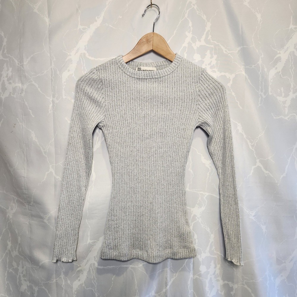 No Boundaries Long Sleeve Pullover Shirt Women's XXS Light Gray Ribbed Crew Neck