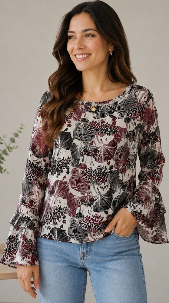 Violet & Claire Floral Chiffon Blouse, Ruffle Long Sleeve, Multicolor