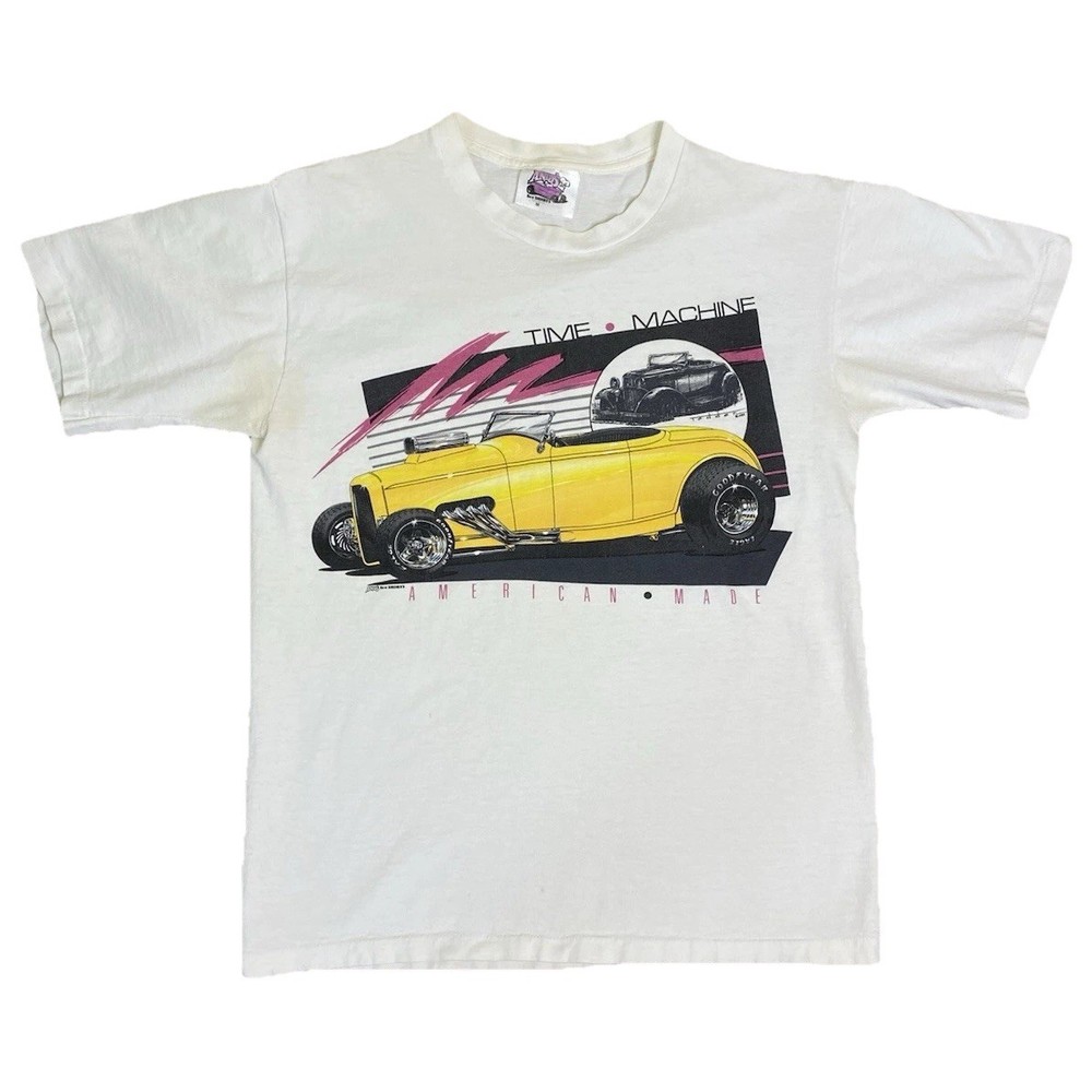 Andys 80s Vintage Single Stitch Car Graphic T White CrewNeck Short Sleeve Mens M