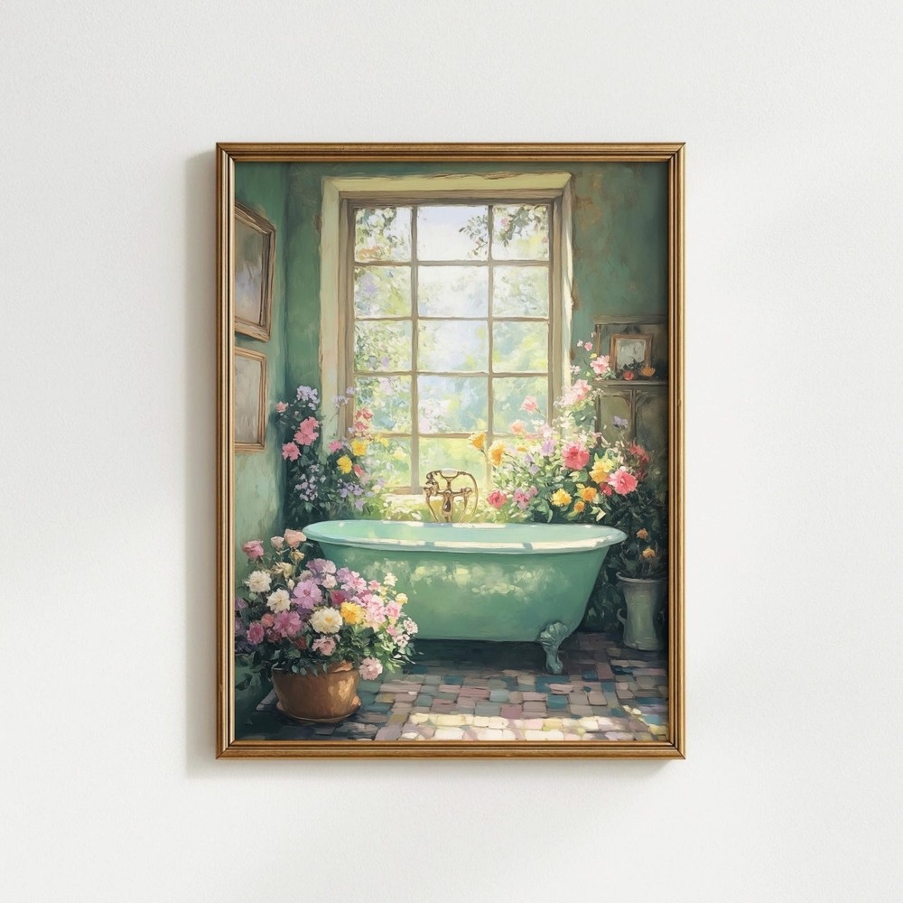 Floral Bathtub Wall Art Vintage Cottagecore Bathroom Decor Print