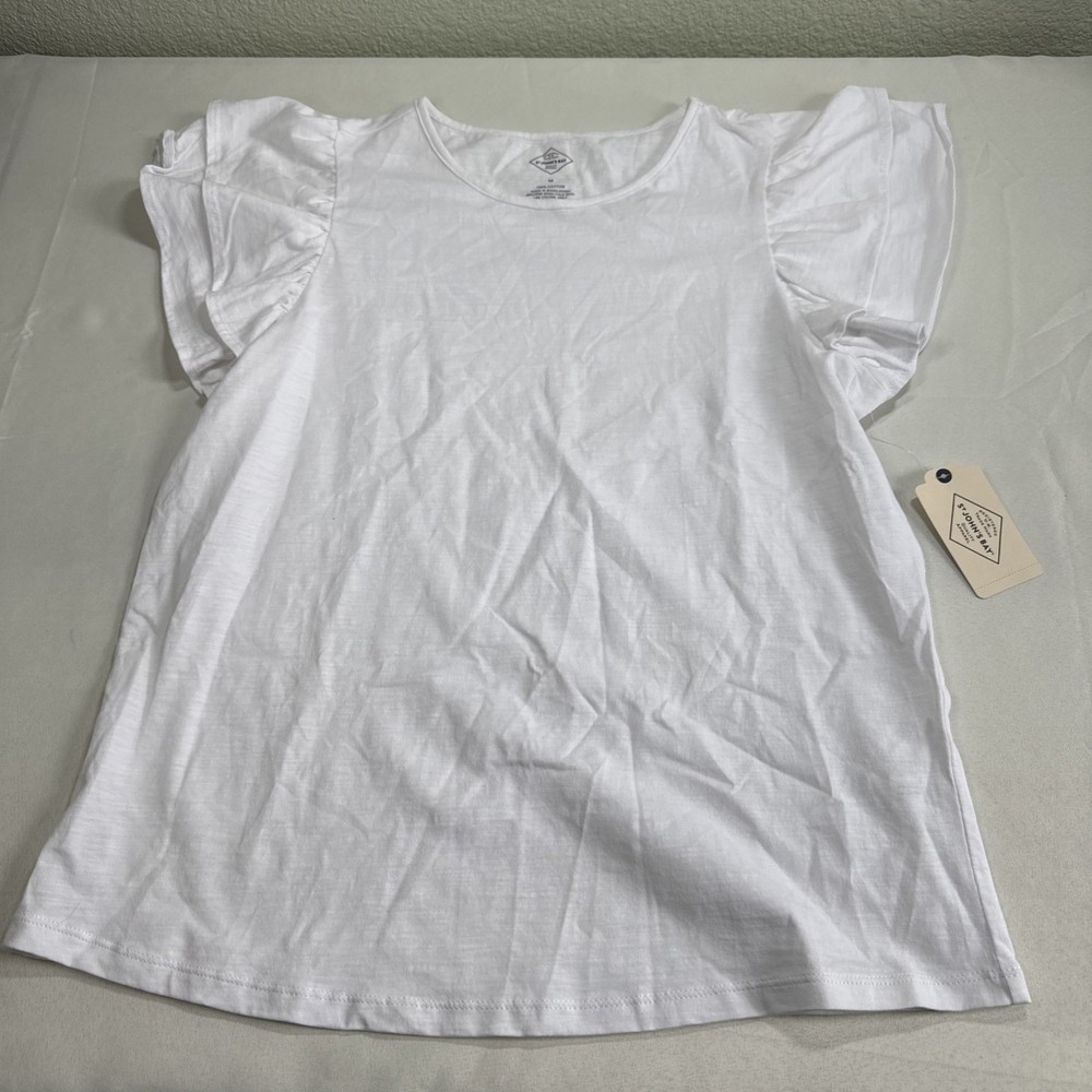 St John’s Bay Women’s Ruffled Sleeve Top 100% Cotton Size M White