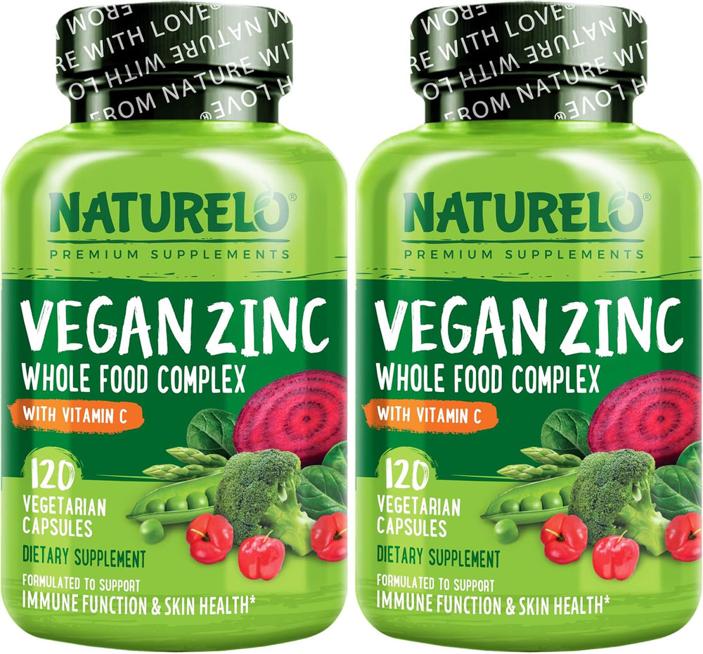 Vegan Zinc Immune Support Capsules - Whole Food Complex with Vitamin C for Healt