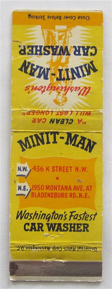 MINIT - MAN CAR WASHER, WASHINGTON, DC VINTAGE MATCHBOOK COVER