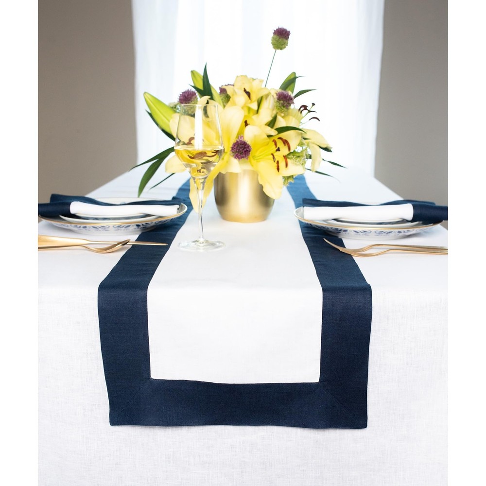 Linen Table Runner 90 Inches Long - 100% Pure Linen Navy and White Table Runn...