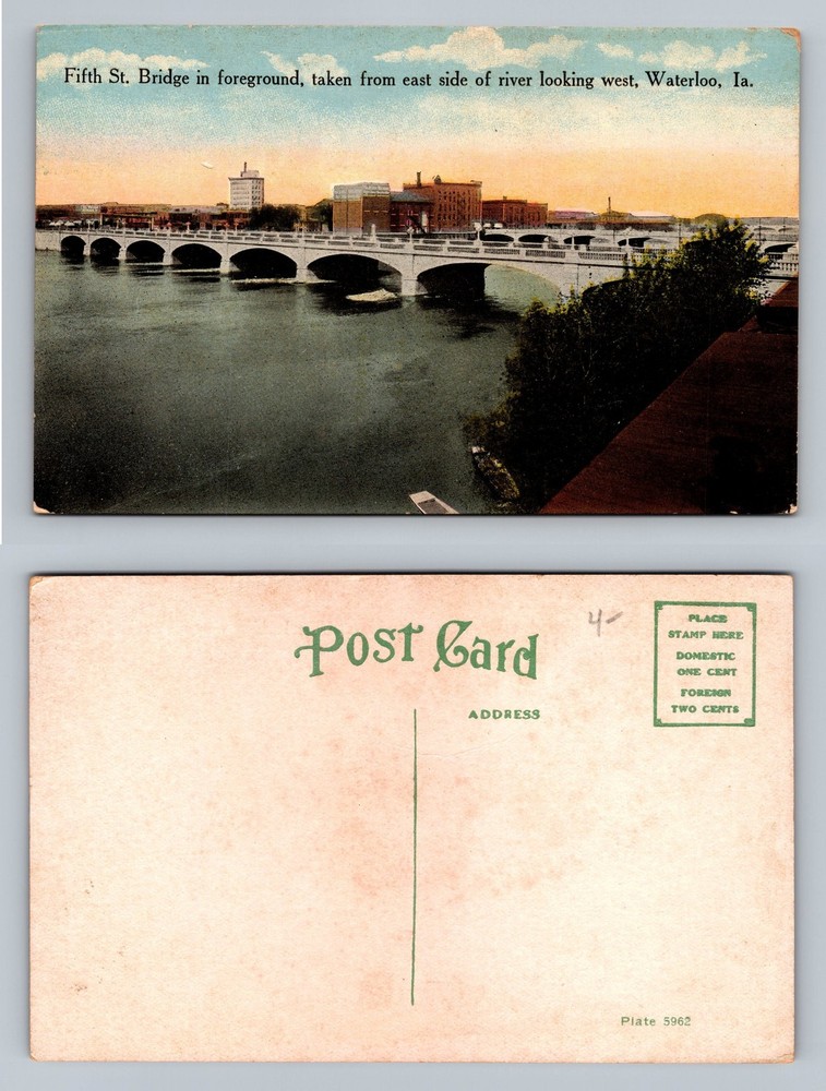Waterloo, IA-Iowa, Fifth Street Bridge River Scene Looking West Vintage Postcard