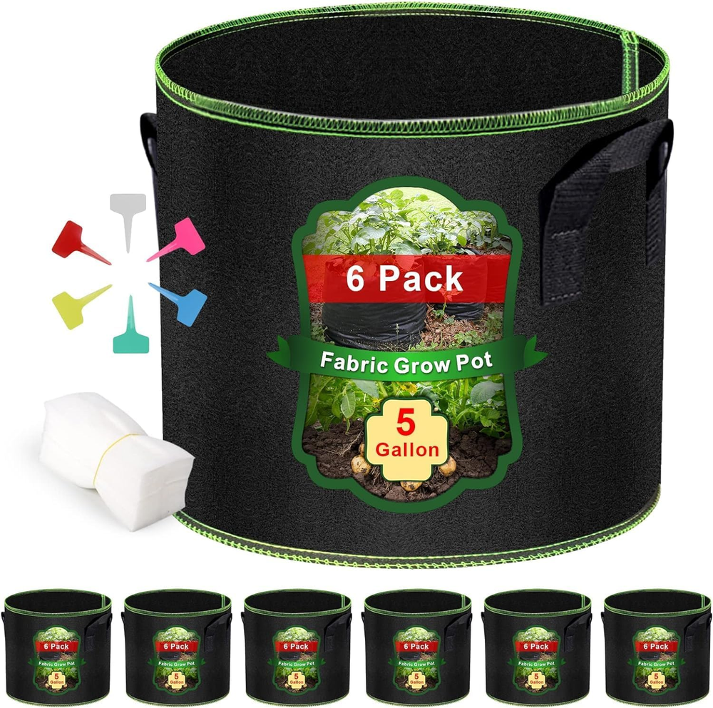 Grow Bags 6 Pcs - 5 Gallon Grow Bags with Durable Handles, Thickened Nonwoven Gr