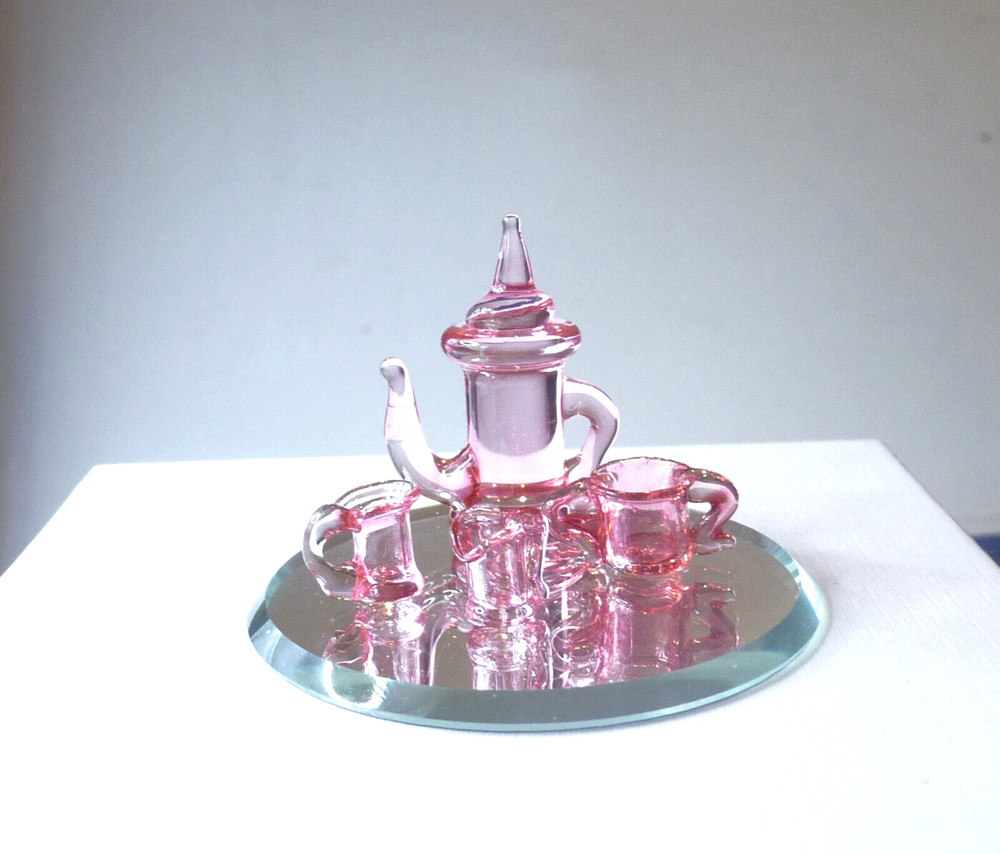 Vintage Miniature Pink Glass Coffee Set Dollhouse Miniature w/Display Mirror