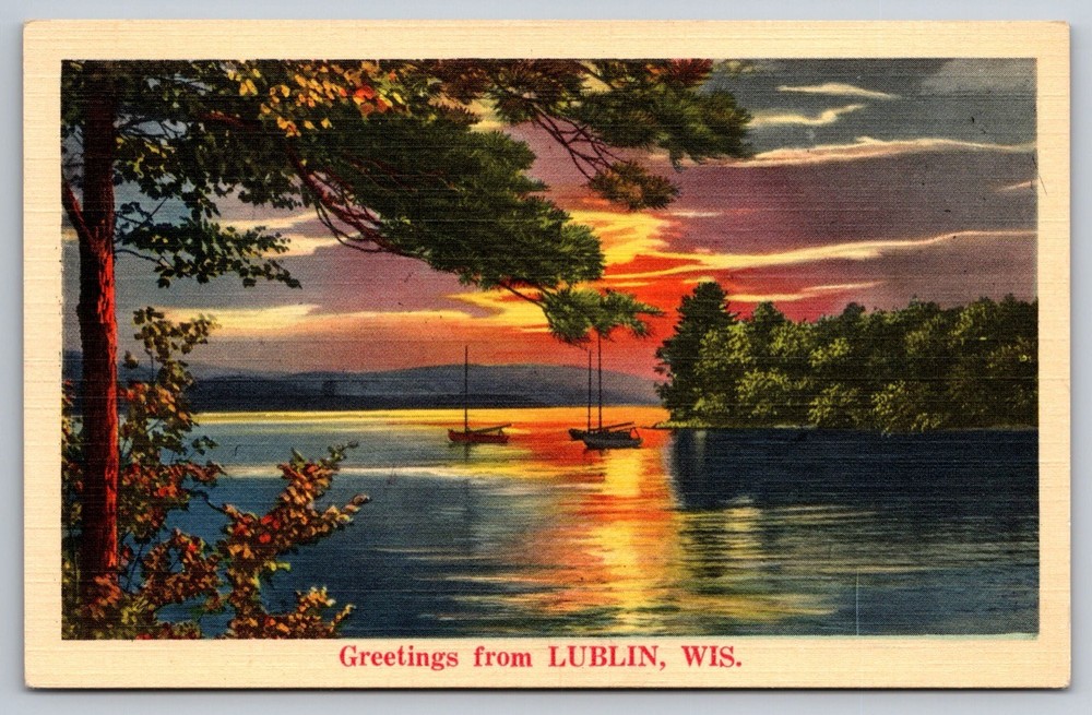 Postcard Greetings from Lublin Wisconsin USA Sunset Lake View Unposted