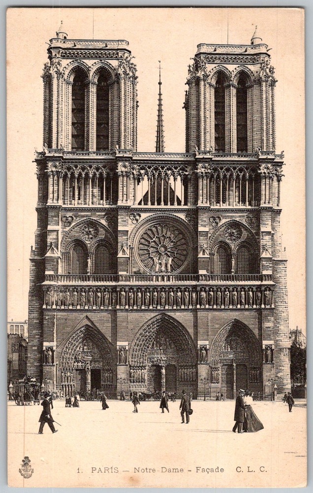 Antique Postcard Notre-dame Cathedral Facade Paris, Fr 1910s