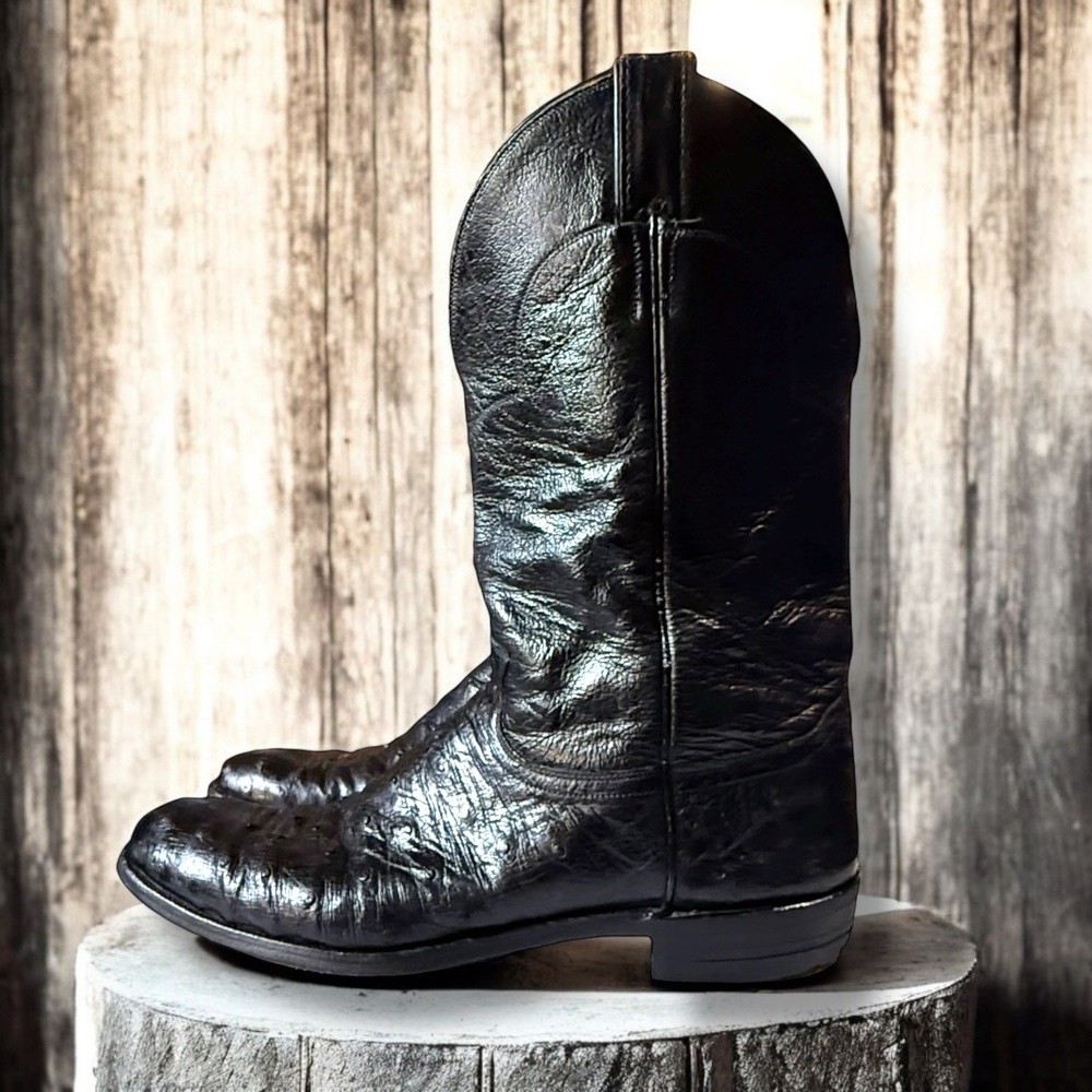 VTG Justin Boots Men's Black Ostrich Full Quill Western Cowboy Boots Size 12 Narrow