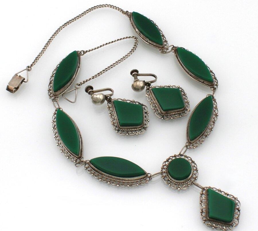 Mexican Plata Sterling Silver 925 Green Onyx Drop Necklace Earring Set 27.3 Gram
