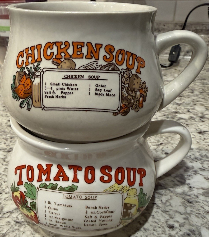 2pc Vintage Ceramic Soup Mug Set 16 fl oz Chicken Soup & Tomato Soup White