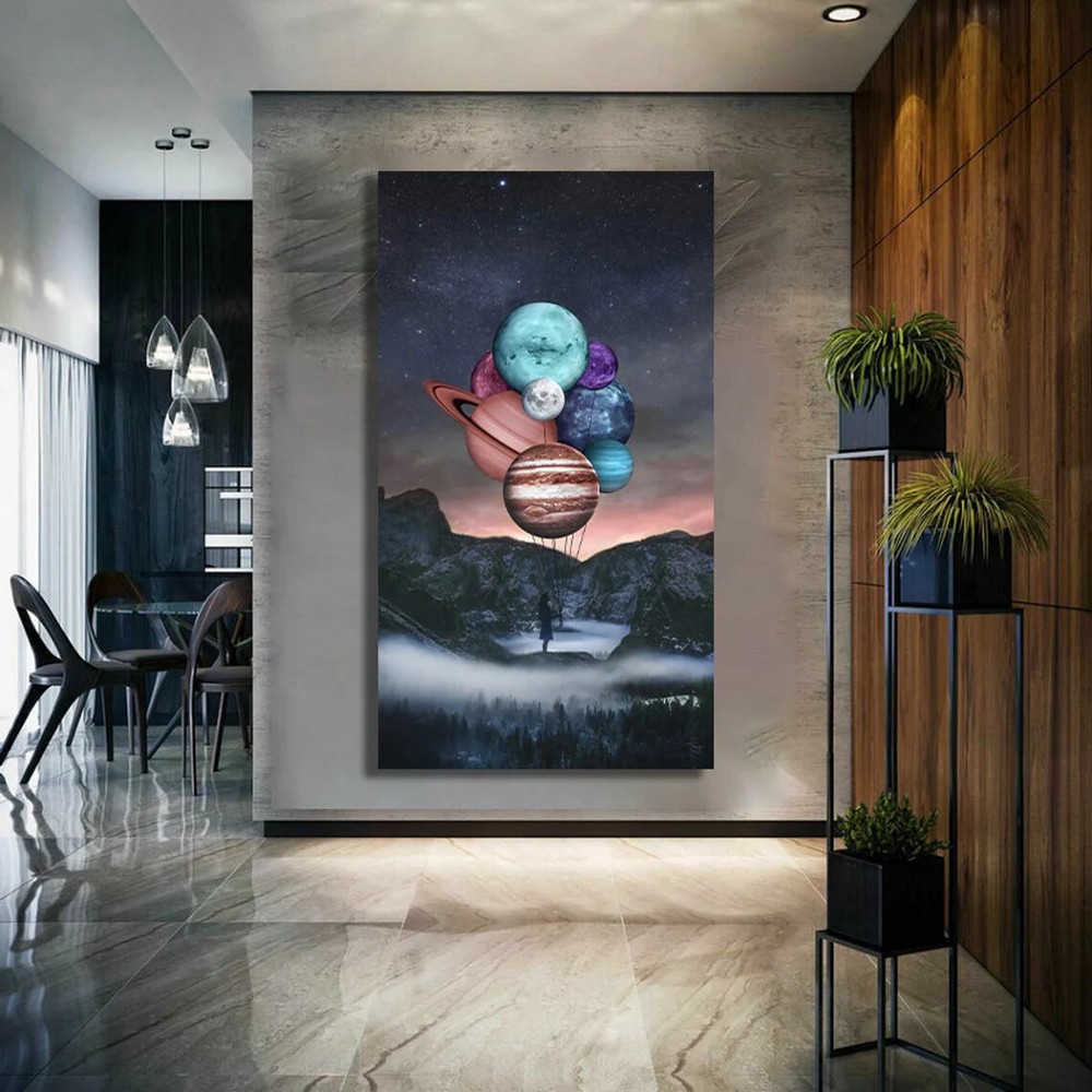 Child holding planet balloons Wall Art Canvas Unframed Print Art